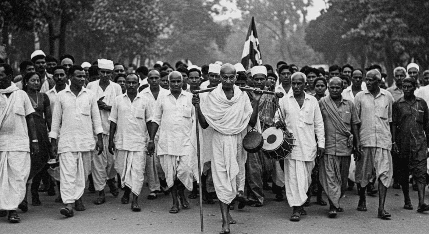 ¿Quién fue Mahatma Gandhi? Vida, lucha y legado del líder pacifista 5 Mahatma Gandhi liderando marcha pacífica en India. Imagen histórica sobre movimientos sociales y derechos civiles, ideal para temas de cultura e historia. Accesible para personas con discapacidad visual.