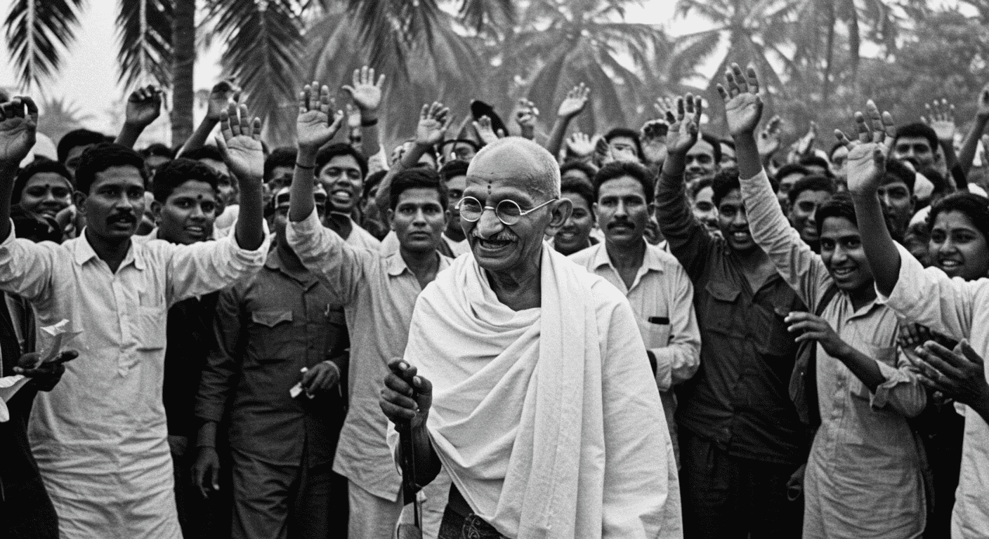 ¿Quién fue Mahatma Gandhi? Vida, lucha y legado del líder pacifista 4 Mahatma Gandhi caminando en multitud durante manifestación pacífica en India. Imagen histórica sobre movimientos sociales y líder pacifista, ideal para temas de cultura y política. Accesible para personas con discapacidad visual.