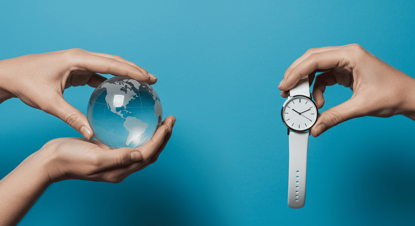 ¿Qué es el tiempo? Concepto, teorías y misterios sin resolver 6 Imagen de dos manos sosteniendo un globo terráqueo de cristal y un reloj de pulsera blanco sobre fondo azul. Concepto de tiempo y globalización