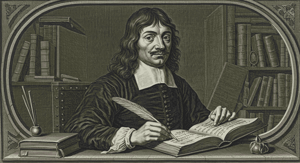 ¿Qué hizo René Descartes? Aportaciones a la filosofía y las ciencias 4 Grabado antiguo de un erudito escribiendo con pluma en su escritorio, rodeado de libros. Ilustración histórica monocromática.