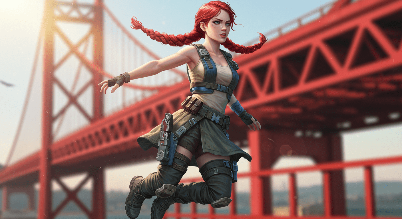 Adrenalina: cómo actúa en el cuerpo humano y por qué la necesitamos 7 Ilustración digital de mujer guerrera saltando frente al puente Golden Gate. Estilo futurista y aventurero.