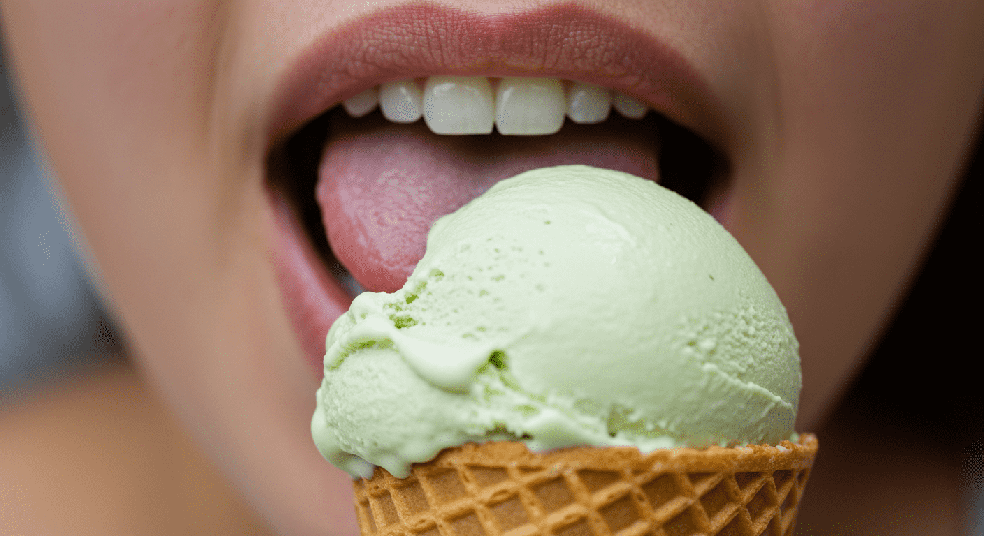¿Qué es la diabetes y cómo afecta al cuerpo humano? 2 Persona lamiendo helado de pistacho en cono de waffle. Delicioso postre, verano y placer.