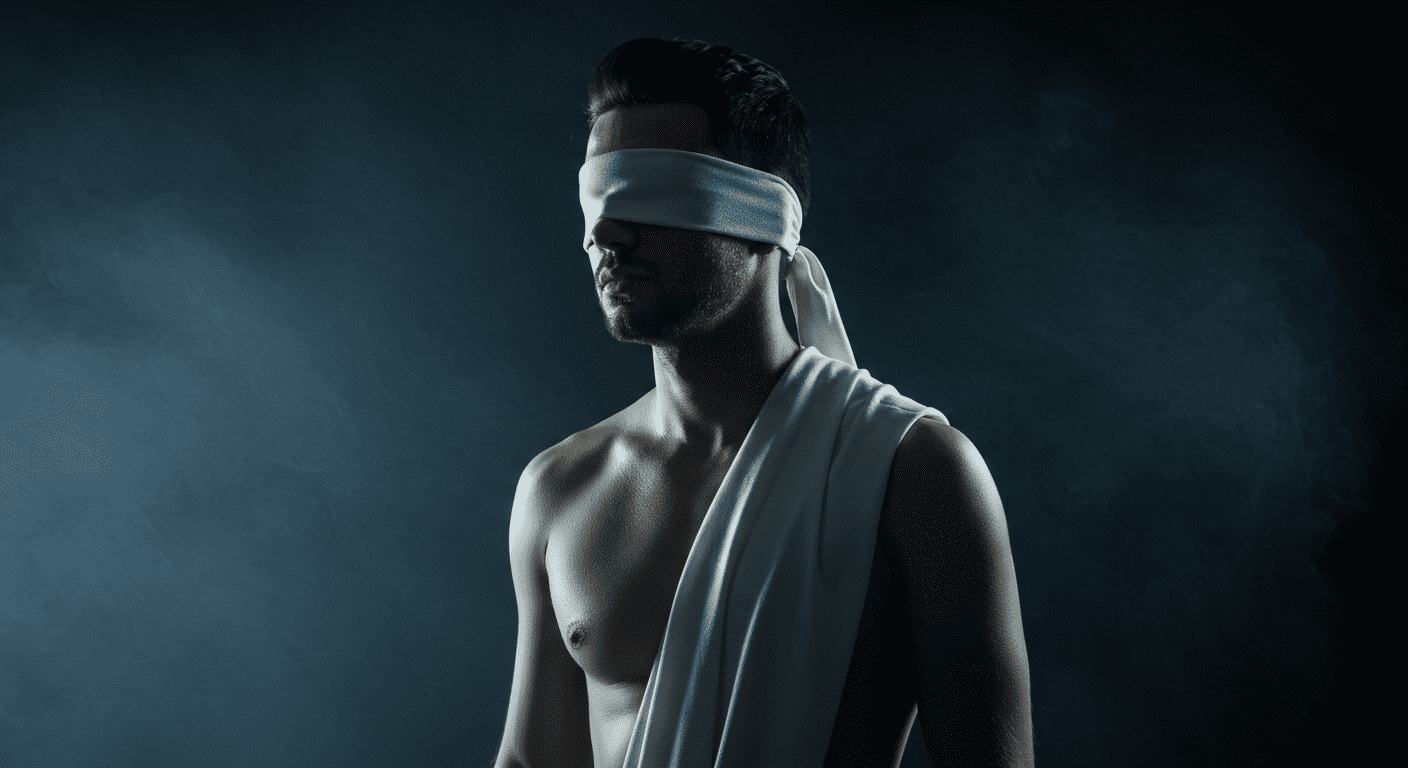 ¿Qué es la diabetes y cómo afecta al cuerpo humano? 3 Hombre con los ojos vendados en fondo oscuro y con humo. Ceguera, vulnerabilidad y misterio.