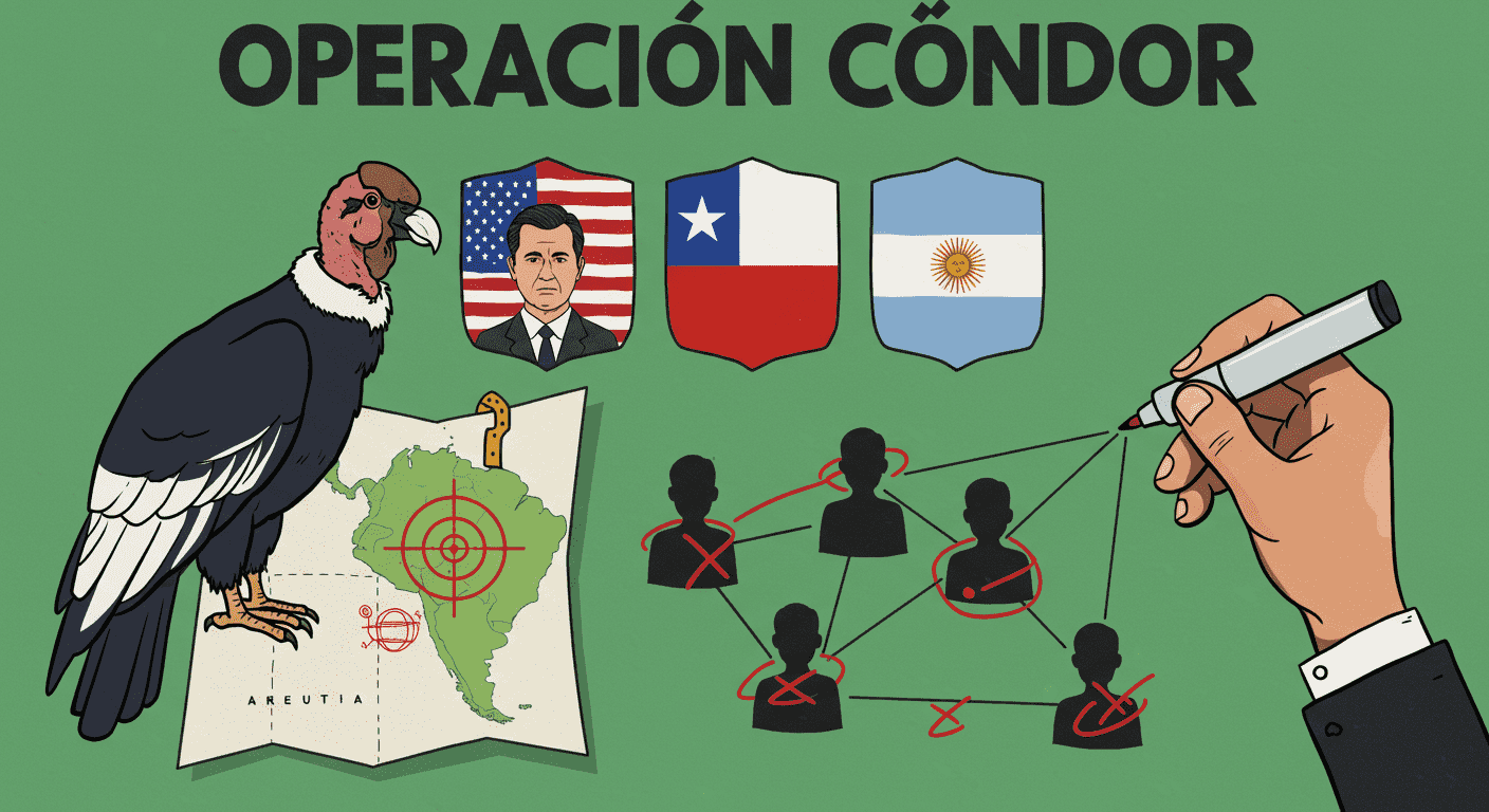 Ilustración sobre la Operación Cóndor. Imagen con un cóndor, mapa de Sudamérica, retratos de figuras políticas y un esquema de siluetas.