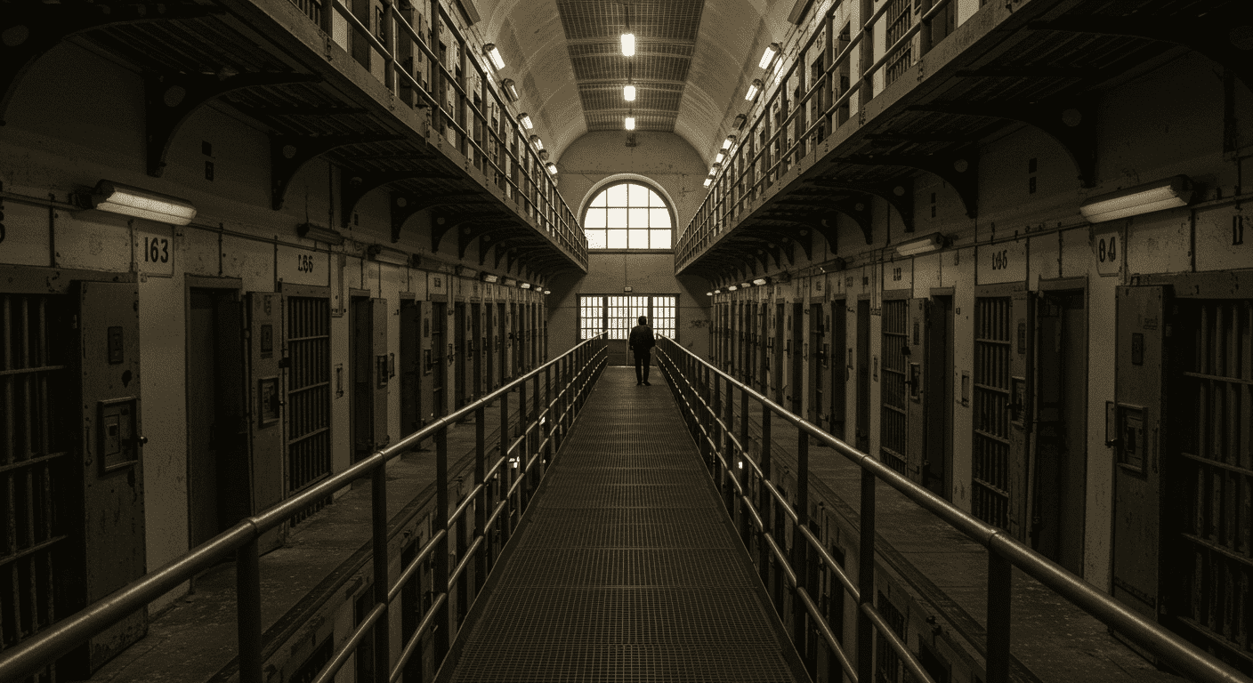 Las cárceles más peligrosas del mundo: Supervivencia, violencia y brutalidad 4 Vista interior de un bloque de celdas de prisión. Imagen con pasillo largo, celdas simétricas y atmósfera sombría, ideal para contenido sobre sistemas penitenciarios y abandono arquitectónico.