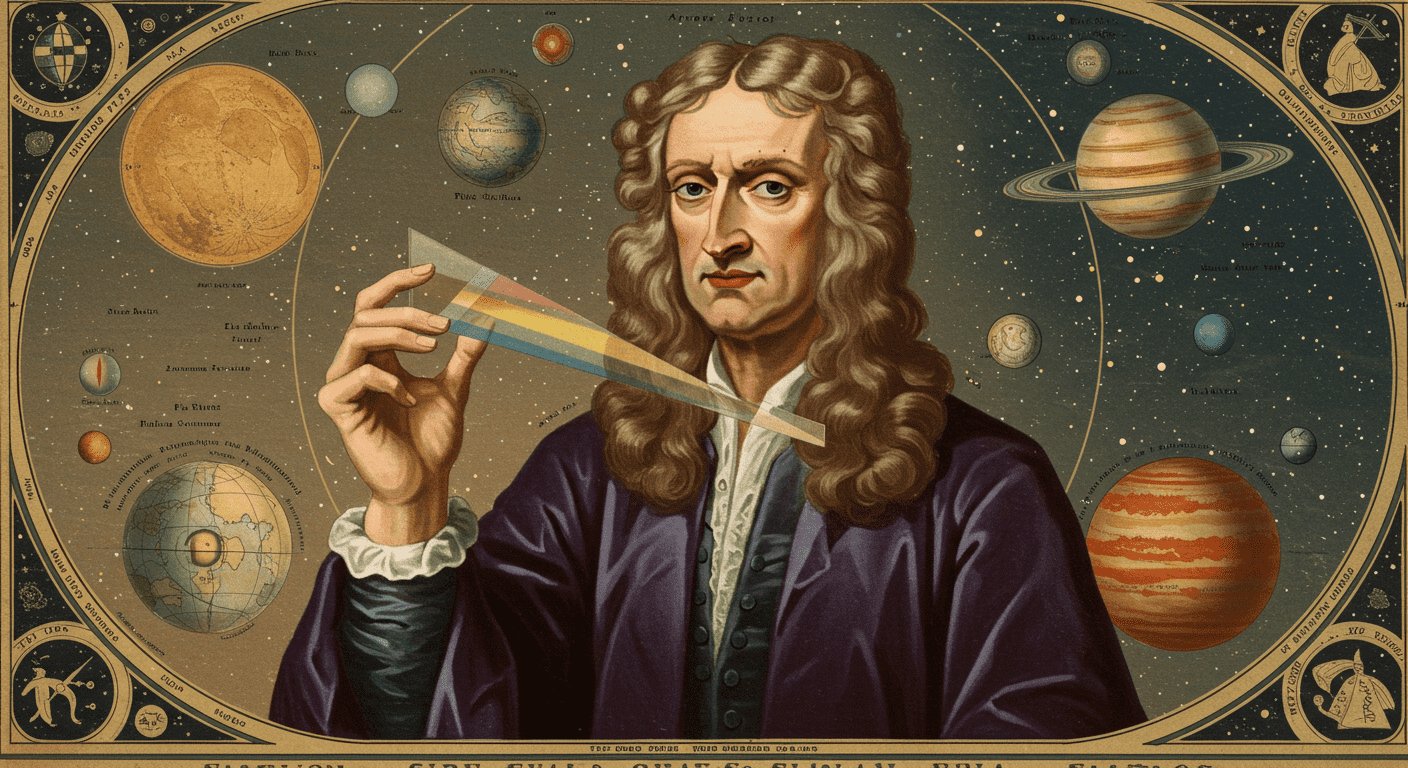 ¿Qué es el tiempo? Concepto, teorías y misterios sin resolver 2 Ilustración de Isaac Newton mostrando su experimento del prisma y su relación con la ley de la gravitación universal, con la representación de un sistema solar y un manzano.