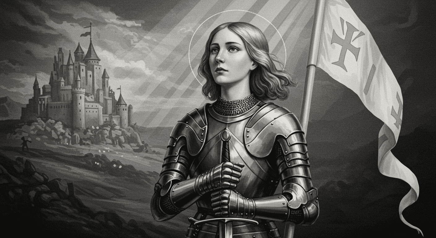 ¿Quién fue Juana de Arco? La heroína que cambió la historia de Francia 3 Retrato en blanco y negro de Juana de Arco con armadura, espada y estandarte. Imagen histórica de la heroína francesa. Representación de Santa Juana de Arco.
