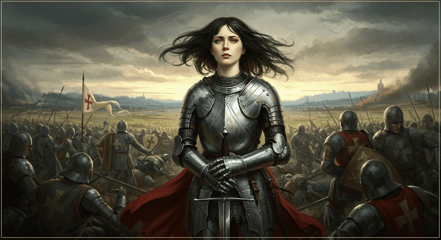 ¿Quién fue Juana de Arco? La heroína que cambió la historia de Francia 6 Representación artística de Juana de Arco liderando su ejército. Pintura digital con aura celestial. Imagen heroica de la guerrera francesa.