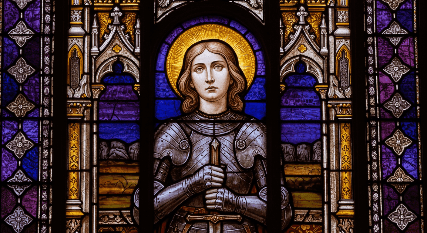 ¿Quién fue Juana de Arco? La heroína que cambió la historia de Francia 7 Vidriera de Juana de Arco. Representación religiosa con armadura y halo. Imagen de arte sacro de Santa Juana de Arco.
