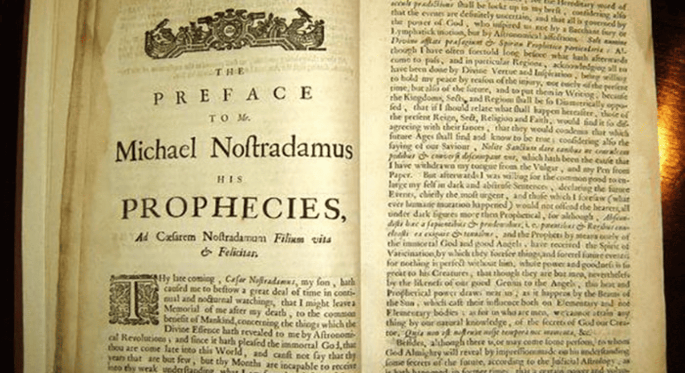 ¿Quién fue Michel Nostradamus? Profecías, vida y legado del vidente francés 5 This image shows an open book. Michael Nostradamus HIS PROPHECIES." The book is printed in a classic font with decorative elements such as an ornate header and initial capital letter. The paper, revealing a page from "The Preface to Mr. Michael Nostradamus His Prophe has a yellowed, aged appearance. The right-hand page is filled with dense blocks of text in a smaller font. The lighting is warm and somewhat uneven,cies." The text is in an old-fashioned font, and the paper has a yellowed, aged appearance. There's decorative ornamentation at the top of the page and emphasizing the vintage quality of the document. The book appears to be lying flat on a surface, with a slight shadow cast on the left side.