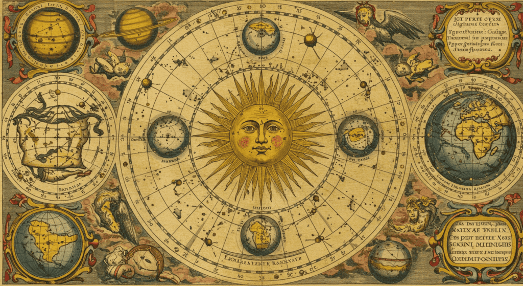 ¿Qué hizo René Descartes? Aportaciones a la filosofía y las ciencias 2 Mapa celeste antiguo con representación del sistema solar centrado en el sol con rostro humano, planetas y texto en latín. Ilustración histórica.