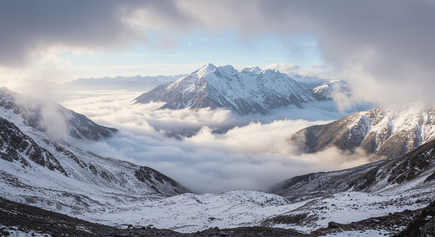 Rasgos asiáticos: La razón científica detrás de la forma de los ojos 6 "Paisaje de montaña nevada con nubes y cielo azul. Vista panorámica de la naturaleza en invierno. Accesibilidad visual: montañas cubiertas de nieve con niebla y rocas en primer plano."