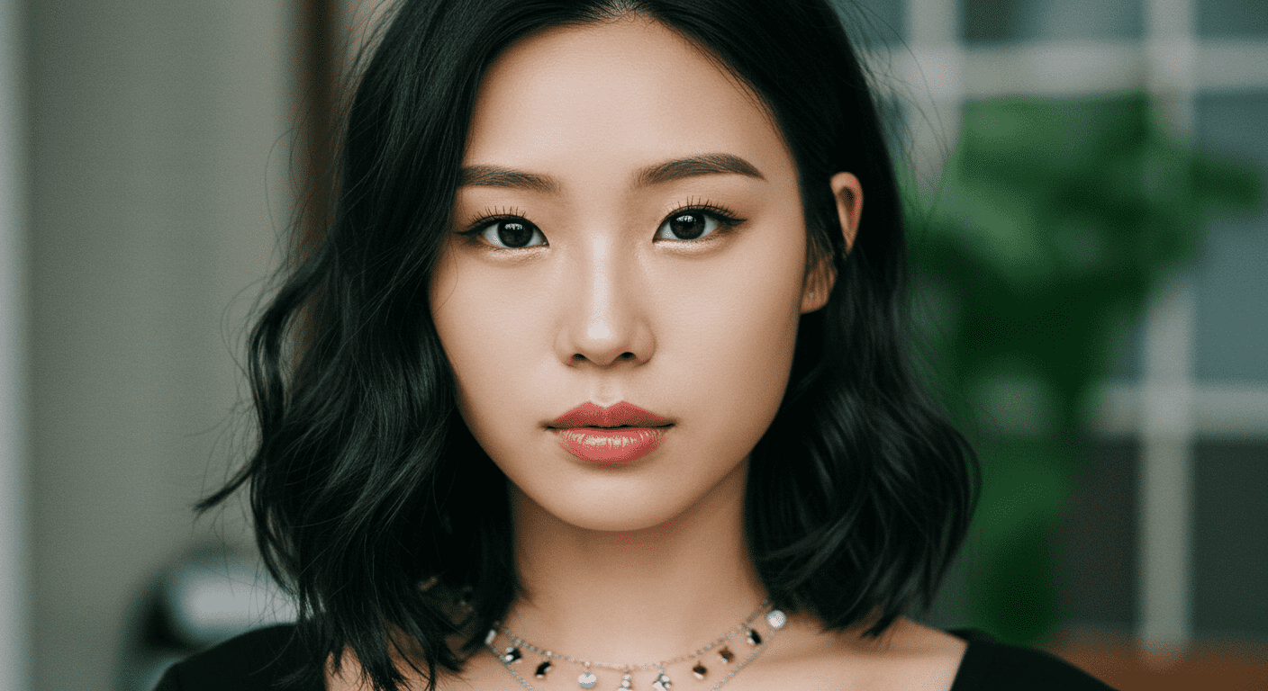 Rasgos asiáticos: La razón científica detrás de la forma de los ojos 2 "Retrato de mujer asiática con pelo largo y maquillaje natural. Imagen de belleza y estilo femenino. Accesibilidad visual: primer plano de modelo con collar y mirada atractiva."