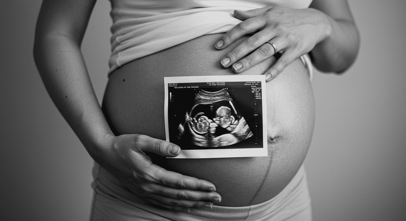 ¿Qué determina el sexo de un bebé? Ciencia y genética explicadas 3 Fotografía en blanco y negro de mujer embarazada con ecografía del bebé en la barriga. Imagen sobre embarazo y maternidad. Maternidad, embarazo, ecografía.