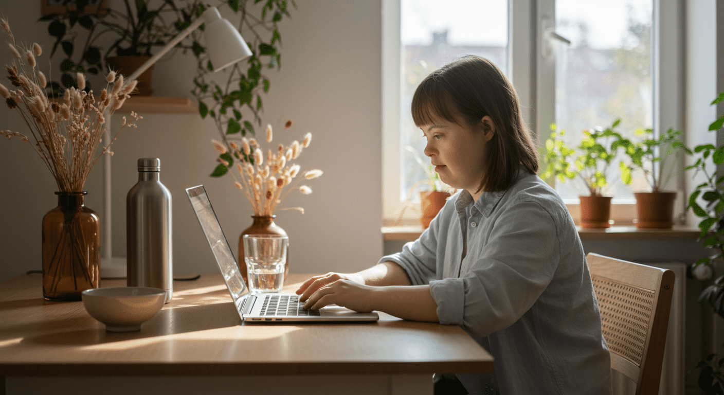 Síndrome de Down (Trisomía 21): Una mirada científica y humana 7 Mujer con síndrome de Down trabajando en laptop. Inclusión laboral. Ambiente de trabajo luminoso y natural. Empoderamiento y tecnología.