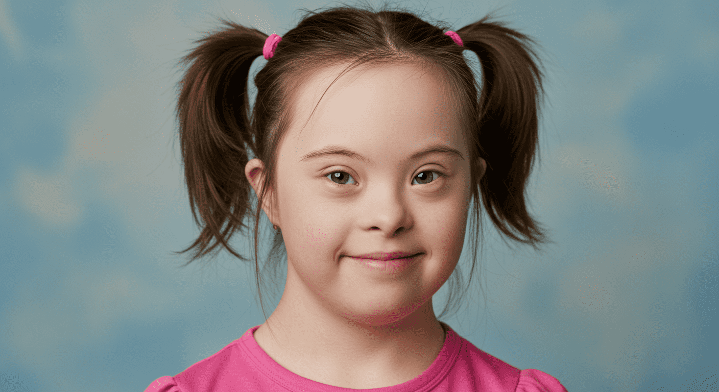 Enfermedades genéticas: qué son y los tipos más comunes 4 Retrato de una niña con síndrome de Down sonriendo alegremente en un entorno natural y florido. Imagen inclusiva que celebra la diversidad.