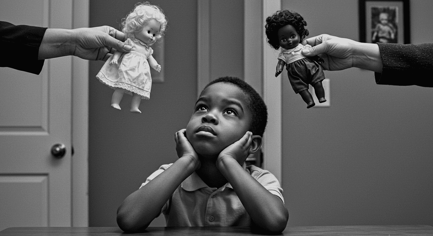 Muñeca de Clark: el estudio que reveló el impacto del racismo en los niños 6 Niño afroamericano observando muñecas blanca y negra. Imagen histórica sobre discriminación y elección racial.