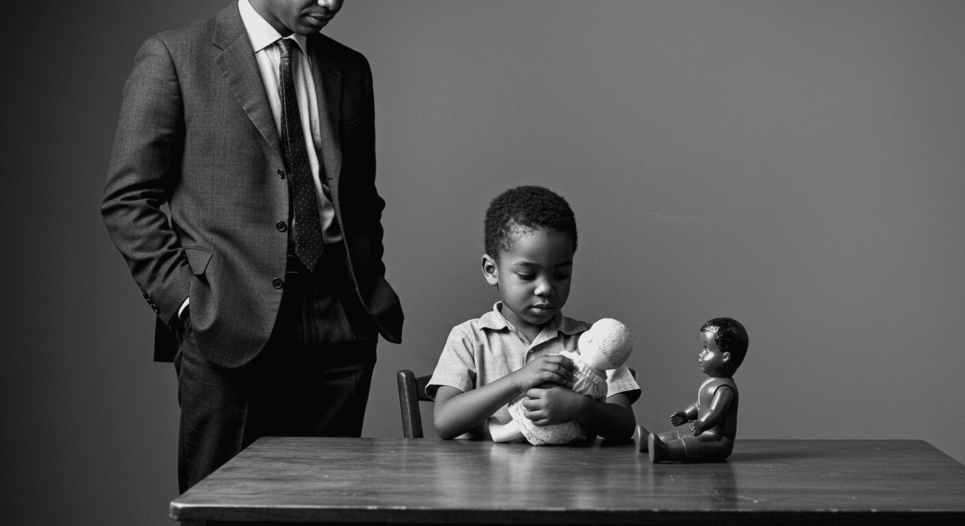 Muñeca de Clark: el estudio que reveló el impacto del racismo en los niños 7 Imagen histórica de un niño afroamericano con muñecas blanca y negra, supervisado por un adulto. Reflexión sobre raza y preferencias.
