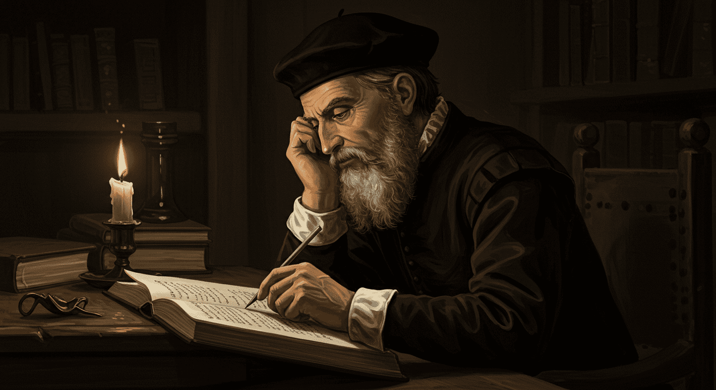 ¿Quién fue Michel Nostradamus? Profecías, vida y legado del vidente francés 4 Pintura a color de Nostradamus escribiendo con vela iluminando un libro antiguo. Representación del famoso adivino trabajando en sus profecías. Ideal para temas de historia y esoterismo. Accesible para personas con discapacidad visual.