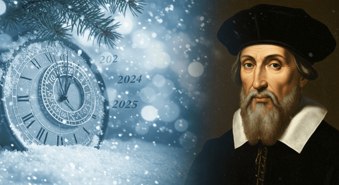 ¿Quién fue Michel Nostradamus? Profecías, vida y legado del vidente francés 7 Imagen de Nostradamus junto a un reloj nevado marcando 2024-2025. Representación visual de las profecías del adivino para el año nuevo. Ideal para temas de predicciones y eventos futuros. Accesible para personas con discapacidad visual.