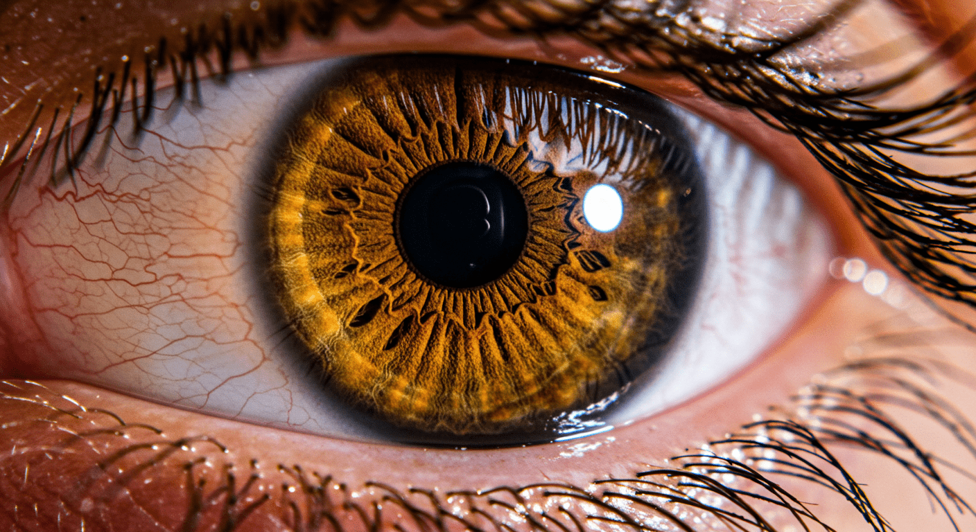Primer plano extremo del ojo humano con iris marrón y pestañas definidas. Imagen detallada del ojo. Accesible para personas con discapacidad visual.