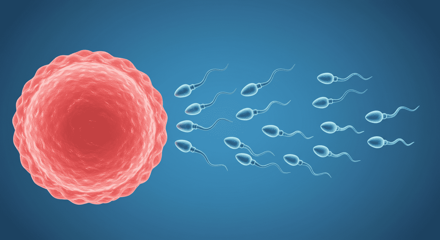 ¿Qué determina el sexo de un bebé? Ciencia y genética explicadas 2 Ilustración de óvulo con espermatozoides. Gráfico de fecundación humana. Reproducción, biología, medicina.