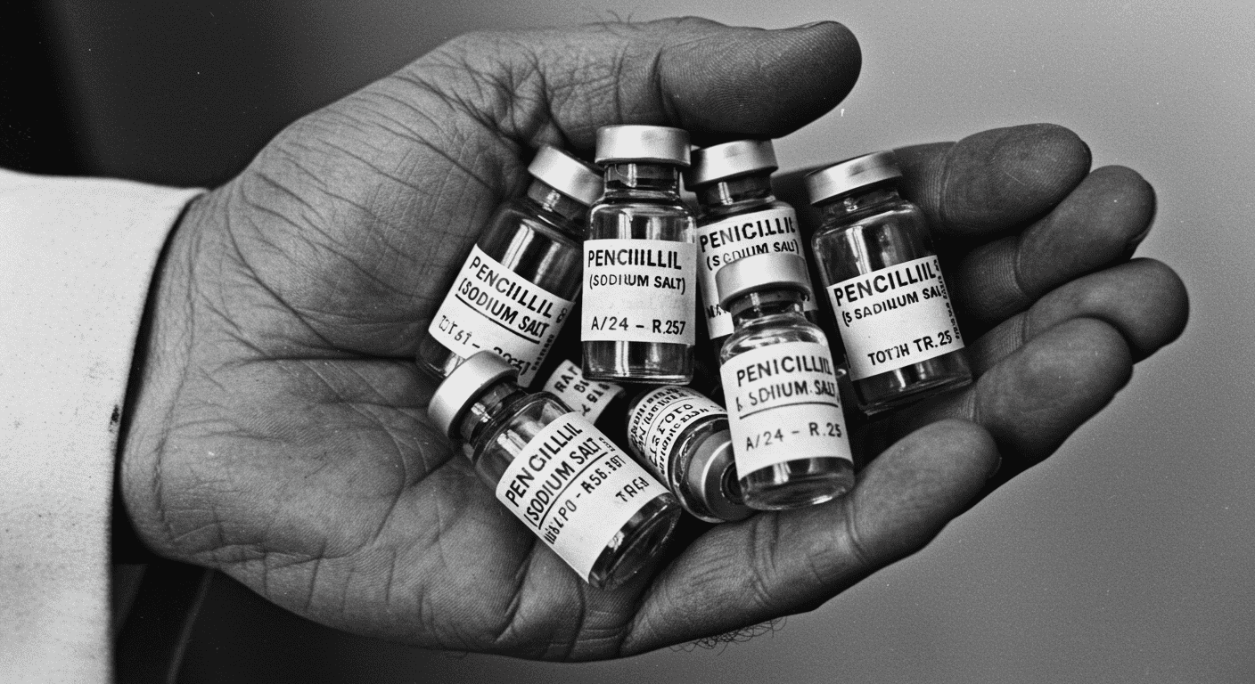 ¿Quién fue Alexander Fleming? El hombre detrás del primer antibiótico 5 Mano sosteniendo viales de penicilina en fotografía antigua. Imagen histórica de antibiótico penicilina ideal para contenido sobre medicina, historia de la ciencia y farmacéutica.