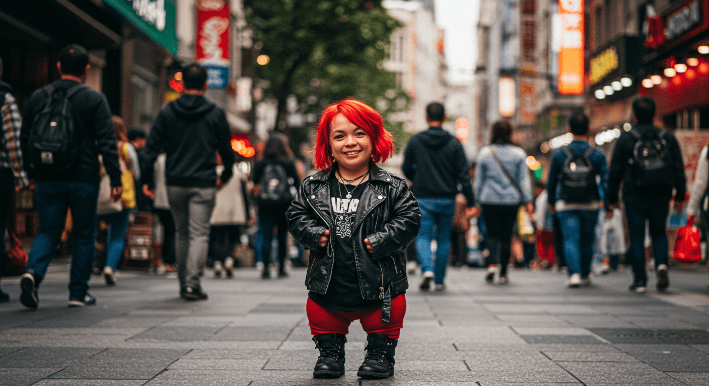 Enfermedades genéticas: qué son y los tipos más comunes 5 Fotografía de una persona con enanismo sonriendo en una calle concurrida de la ciudad. Imagen que promueve la inclusión y la diversidad.