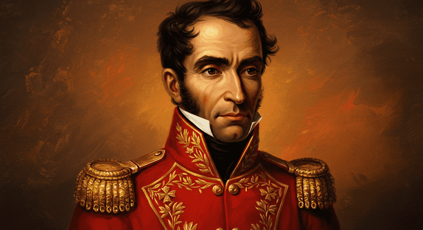 ¿Quién fue Simón Bolívar? El Libertador de América explicado 2 Pintura al óleo de Simón Bolívar, el líder de la independencia sudamericana, con su distintivo uniforme militar rojo y dorado.