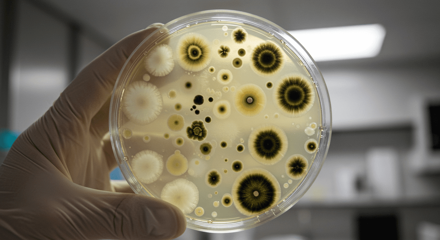 ¿Quién fue Alexander Fleming? El hombre detrás del primer antibiótico 4 Placa de Petri con cultivos de hongos y bacterias sostenida con guante. Imagen de laboratorio con muestras microbiológicas ideal para contenido sobre ciencia, microbiología y salud.