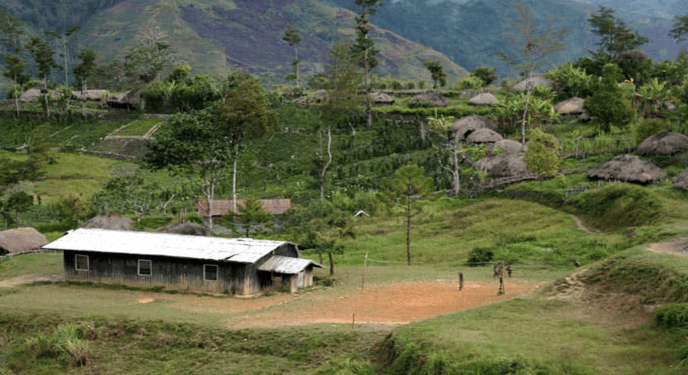 Los ritos funerarios más extraños del mundo: costumbres que sorprenden 3 Paisaje montañoso con pueblo rural en Indonesia, destacando la arquitectura tradicional. Destino turístico cultural en Papúa, ideal para temas de viajes y antropología. Accesible para personas con discapacidad visual.