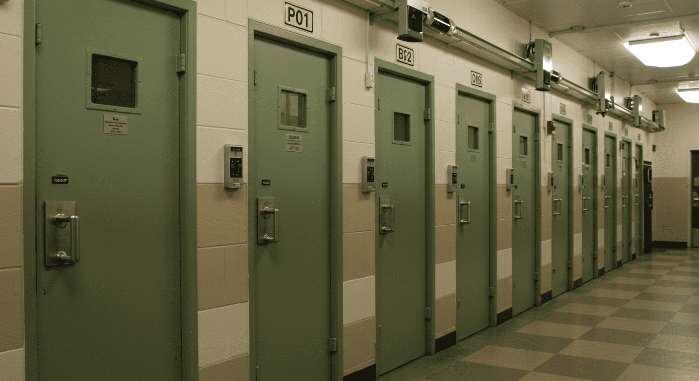 Las cárceles más peligrosas del mundo: Supervivencia, violencia y brutalidad 3 Fila de puertas de celdas en una prisión. Imagen de puertas de seguridad con ventanas y mecanismos de cierre, ideal para contenido sobre sistemas penitenciarios y arquitectura institucional.