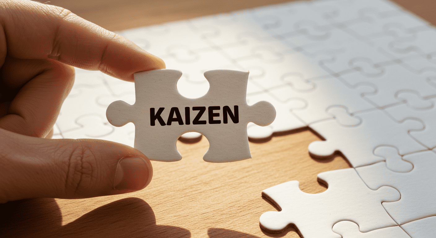 Kaizen y las 5S: claves japonesas para mejorar tu productividad 3 Mano colocando pieza de puzzle blanca con la palabra "Kaizen", concepto de mejora continua en la gestión empresarial y personal. Imagen para artículos sobre productividad y desarrollo personal.