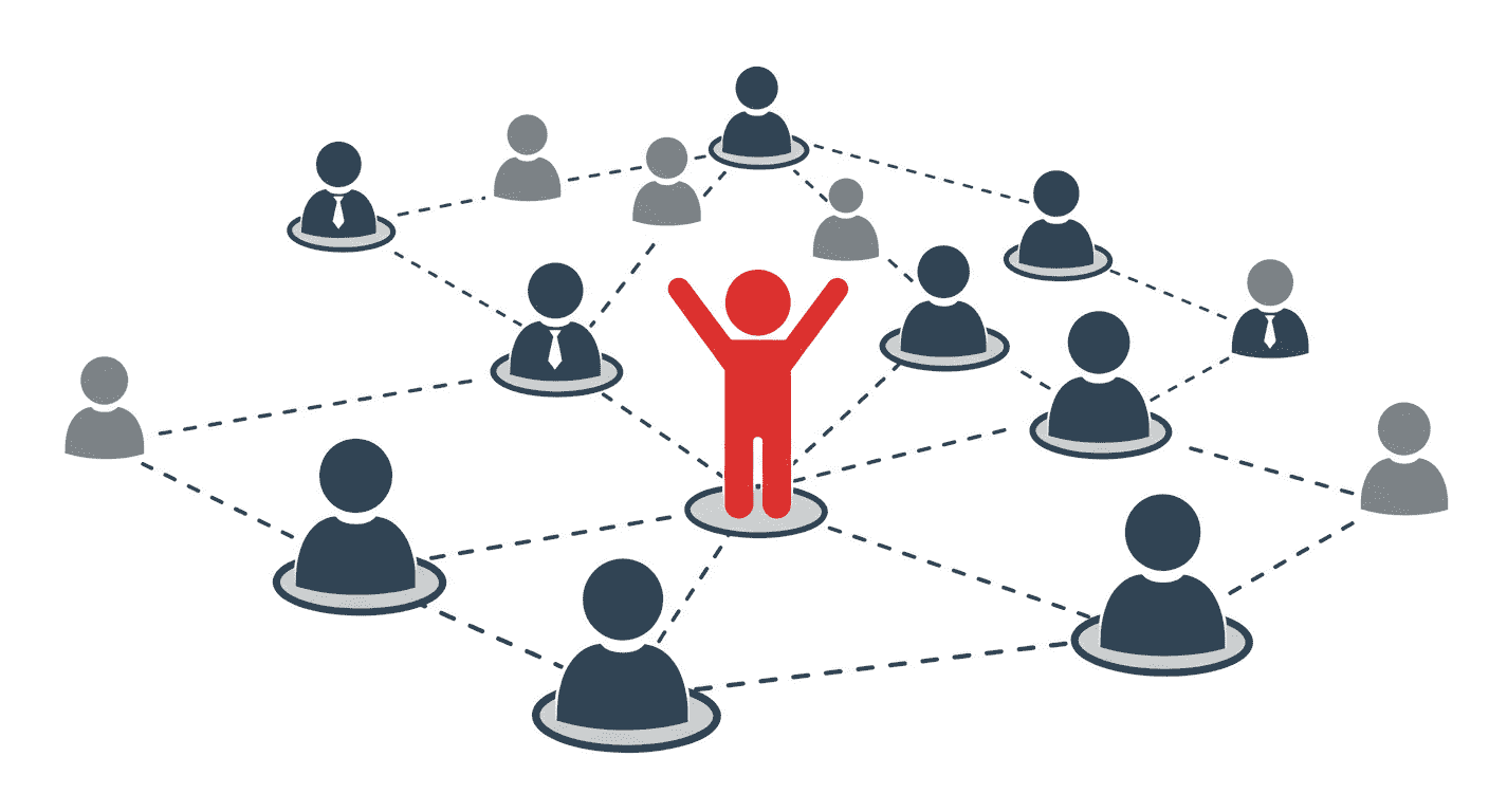 Kaizen y las 5S: claves japonesas para mejorar tu productividad 5 Ilustración de una red social conectada, con una figura central en rojo destacando. Representa la colaboración, liderazgo y gestión de equipos.