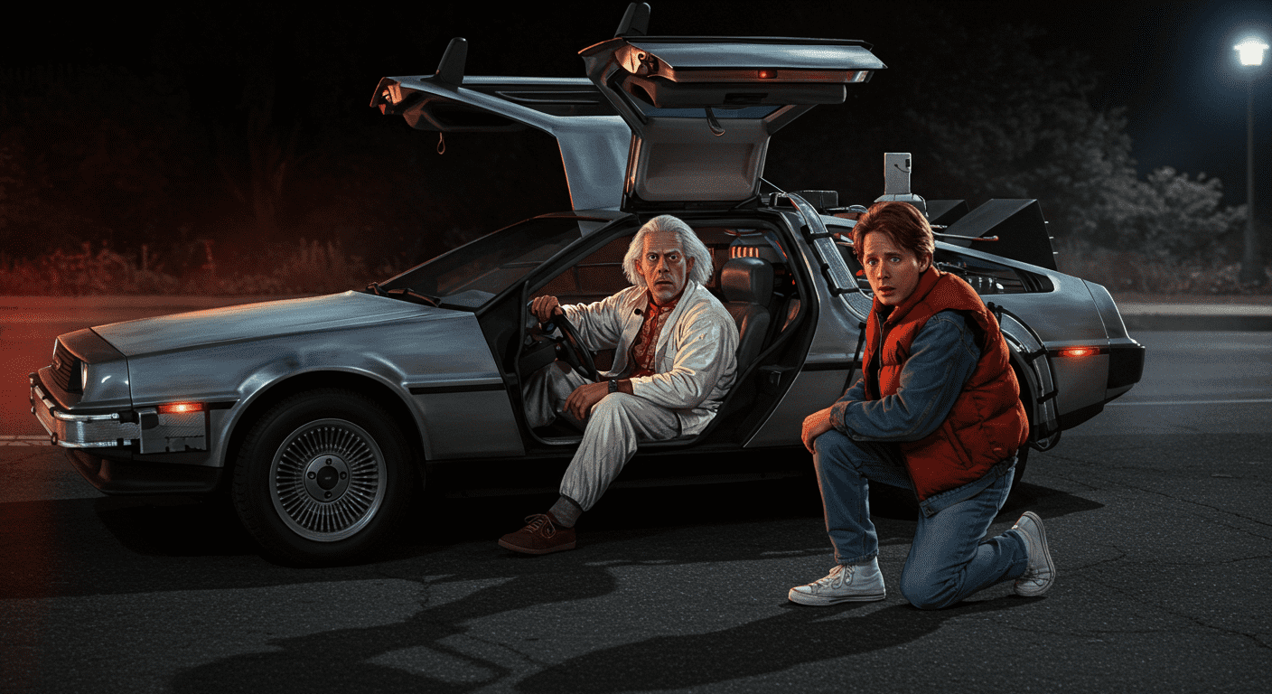 Escena de "Regreso al Futuro": Doc y Marty junto al DeLorean. Fotografía de la película, accesible para personas con discapacidad visual. Cine de ciencia ficción.