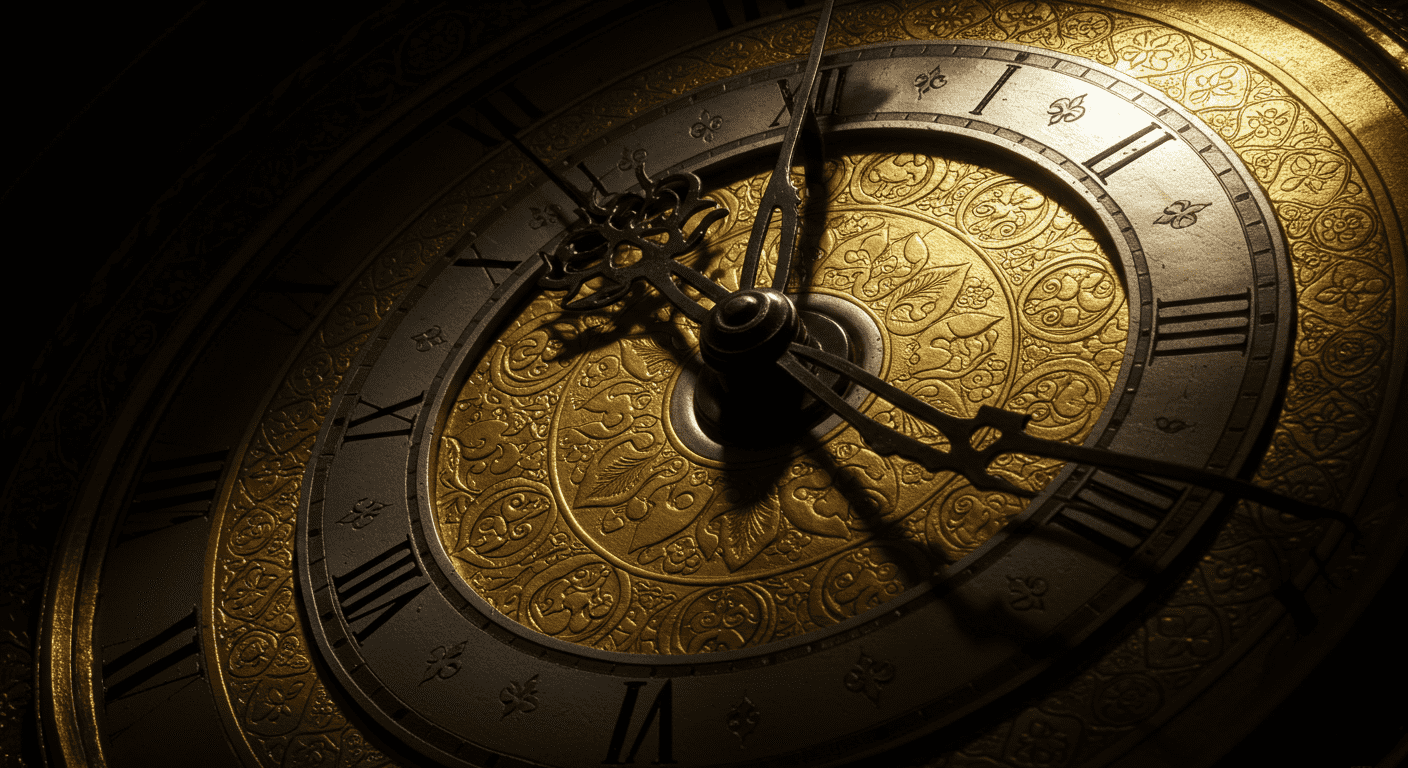 ¿Viajar en el tiempo es posible? Lo que dice la ciencia actual 7 Primer plano de reloj antiguo con números romanos y diseño floral dorado. Imagen sobre el tiempo y la historia, ideal para temas de antigüedades y relojería. Accesible para personas con discapacidad visual.