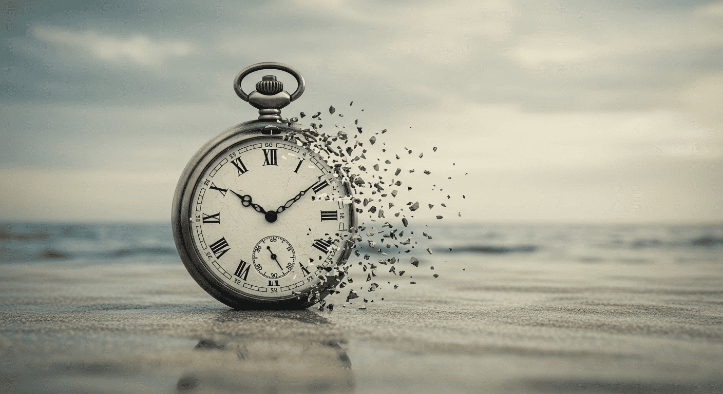 ¿Viajar en el tiempo es posible? Lo que dice la ciencia actual 3 Reloj antiguo desintegrándose, simbolizando la fugacidad del tiempo. Imagen conceptual sobre la impermanencia, ideal para temas de filosofía y reflexión. Accesible para personas con discapacidad visual.