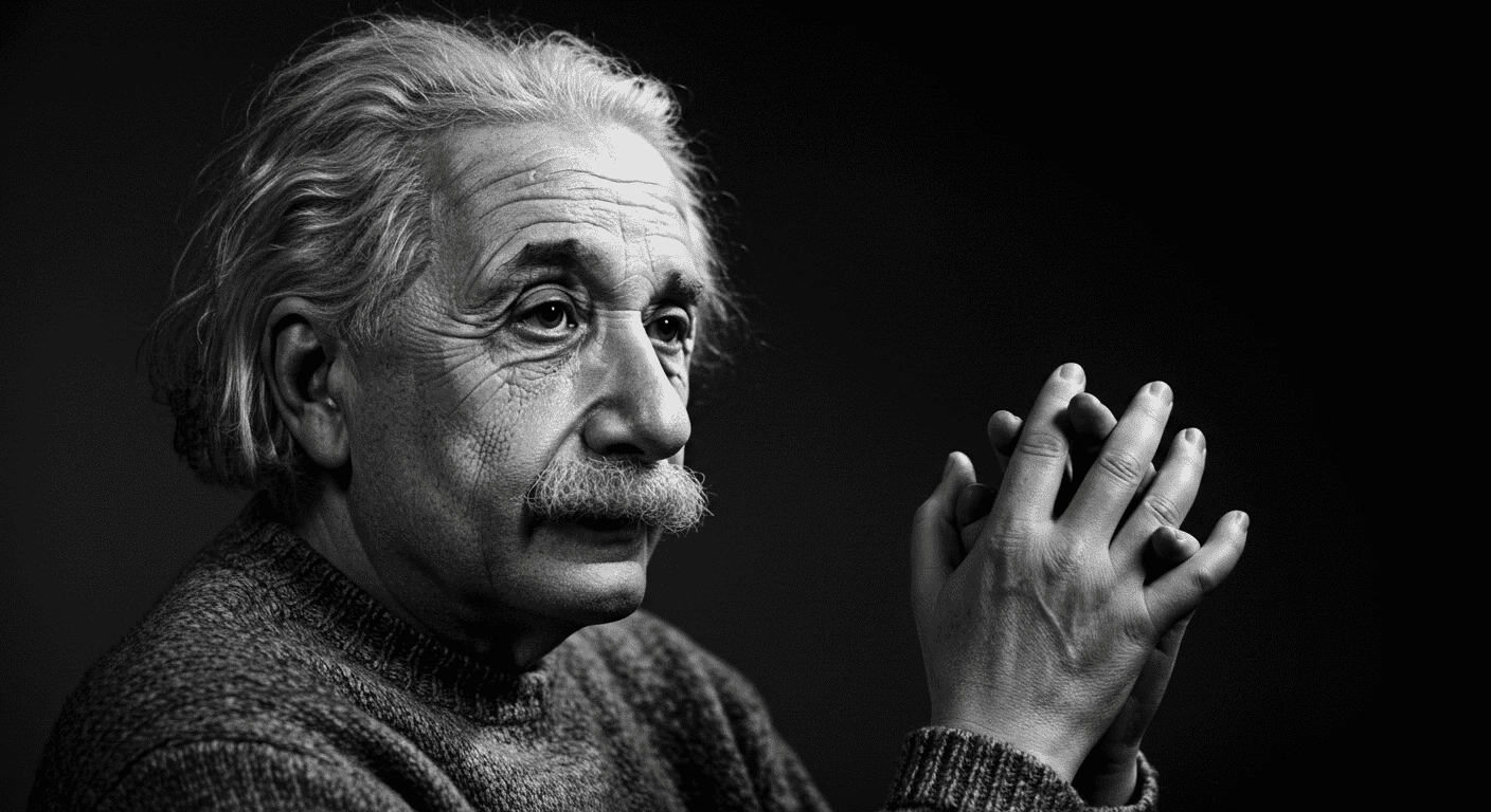 ¿Qué es el tiempo? Concepto, teorías y misterios sin resolver 3 Retrato en blanco y negro de Albert Einstein, mostrando su rostro pensativo y sus manos entrelazadas. Imagen del famoso físico teórico.