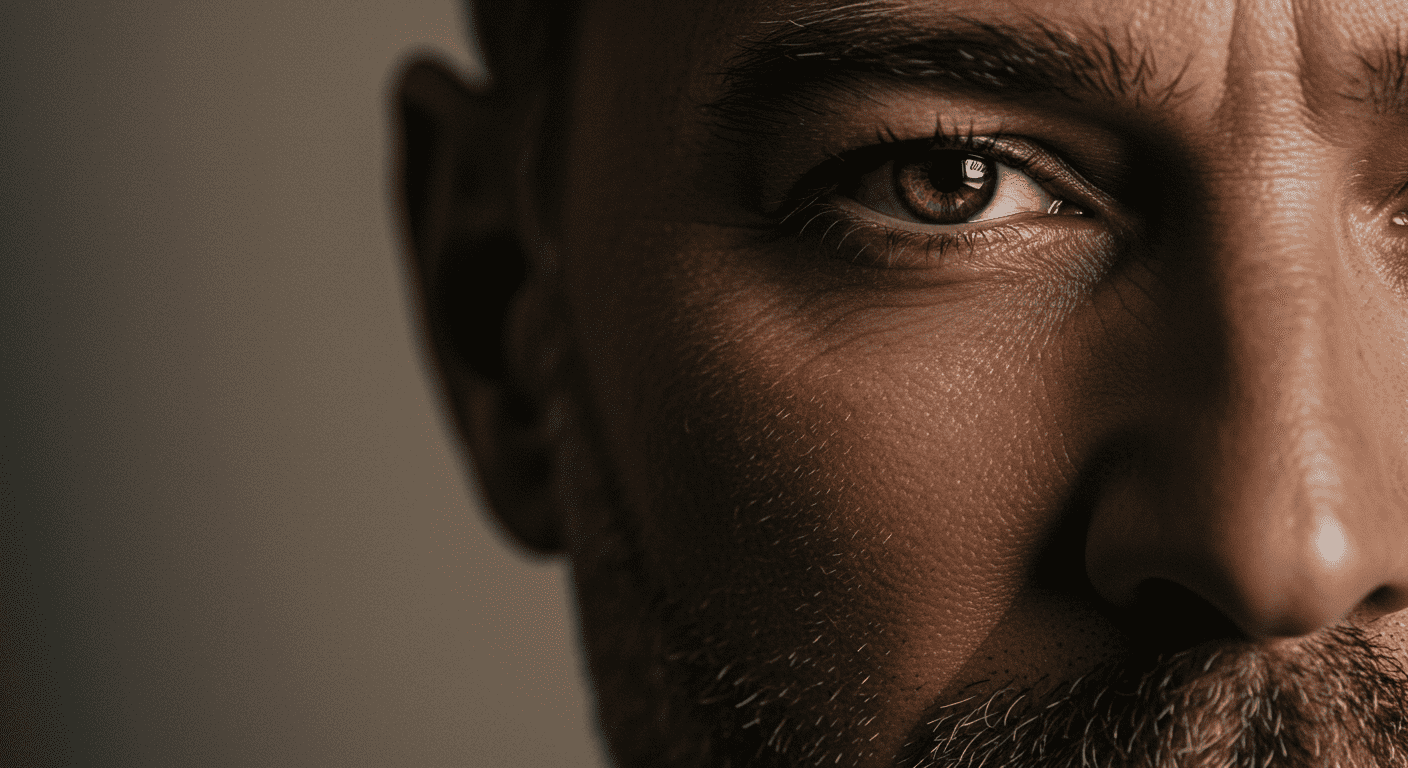 Parálisis facial: Causas, síntomas y el misterio detrás del síndrome de Bell 2 "Primer plano de rostro masculino con ojo marrón, barba y piel texturizada en tono sepia. Retrato íntimo resaltando la expresión y los detalles faciales. Accesibilidad visual: imagen de rostro con enfoque en la mirada y los rasgos."