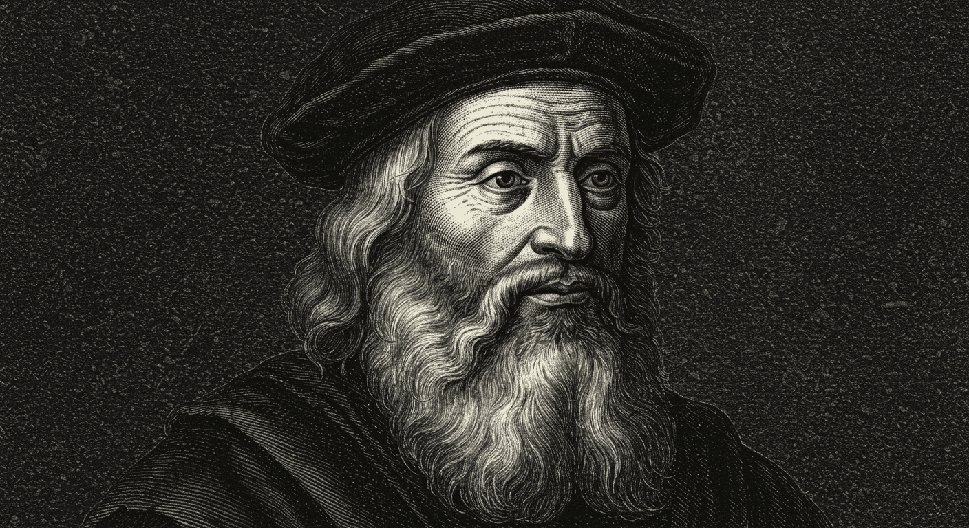 ¿Quién fue Michel Nostradamus? Profecías, vida y legado del vidente francés 2 Retrato en blanco y negro de Nostradamus con barba larga y sombrero. Ilustración detallada del famoso profeta, ideal para historia y cultura. Imagen accesible para personas con discapacidad visual.