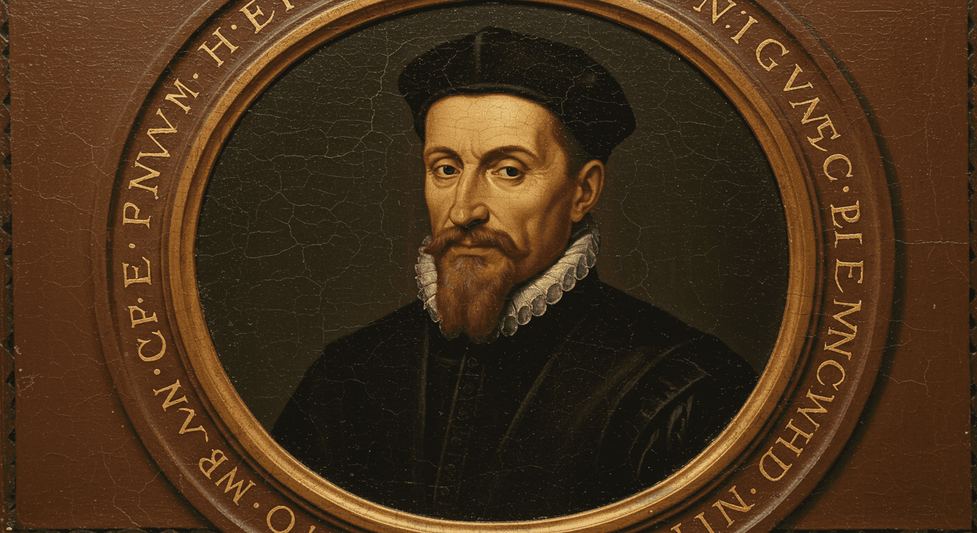 ¿Quién fue Michel Nostradamus? Profecías, vida y legado del vidente francés 3 Pintura a color de Nostradamus escribiendo con vela iluminando un libro antiguo. Representación del famoso adivino trabajando en sus profecías. Ideal para temas de historia y esoterismo. Accesible para personas con discapacidad visual.