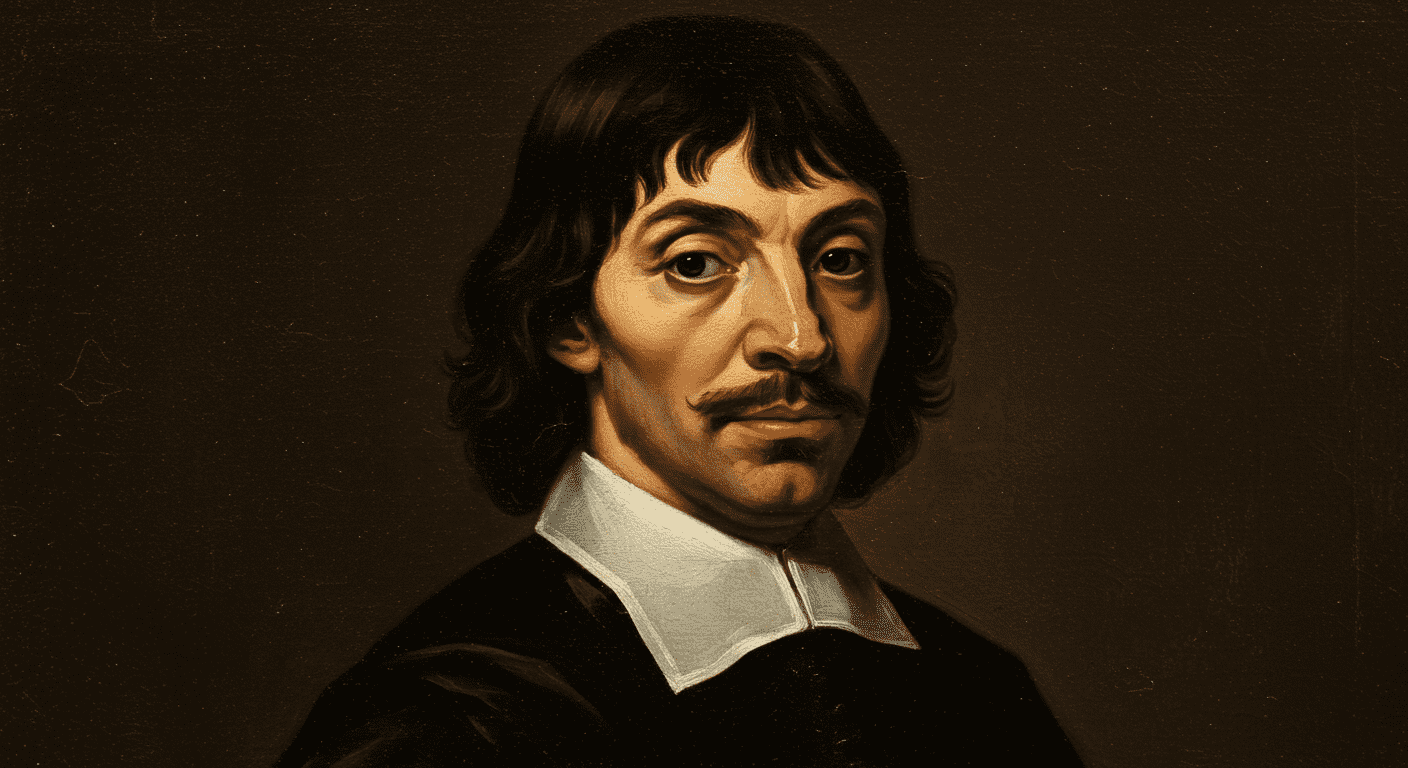 Retrato de René Descartes, filósofo y matemático francés del siglo XVII, con cabello oscuro y bigote, sobre fondo marrón oscuro. Pintura al óleo clásica.
