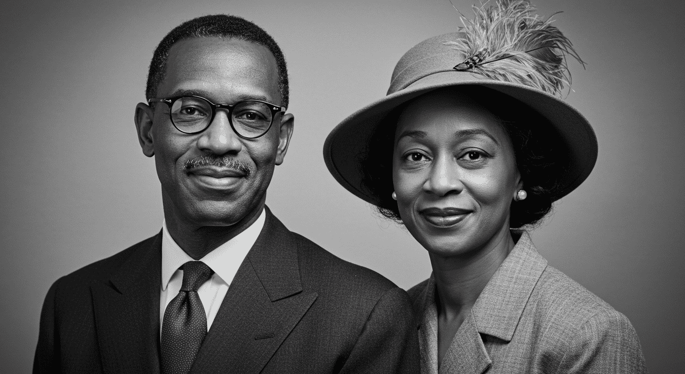 Muñeca de Clark: el estudio que reveló el impacto del racismo en los niños 2 Retrato en blanco y negro de un matrimonio afroamericano. El hombre lleva gafas y traje, la mujer sombrero con plumas y chaqueta. Imagen de época con elegancia y serenidad.