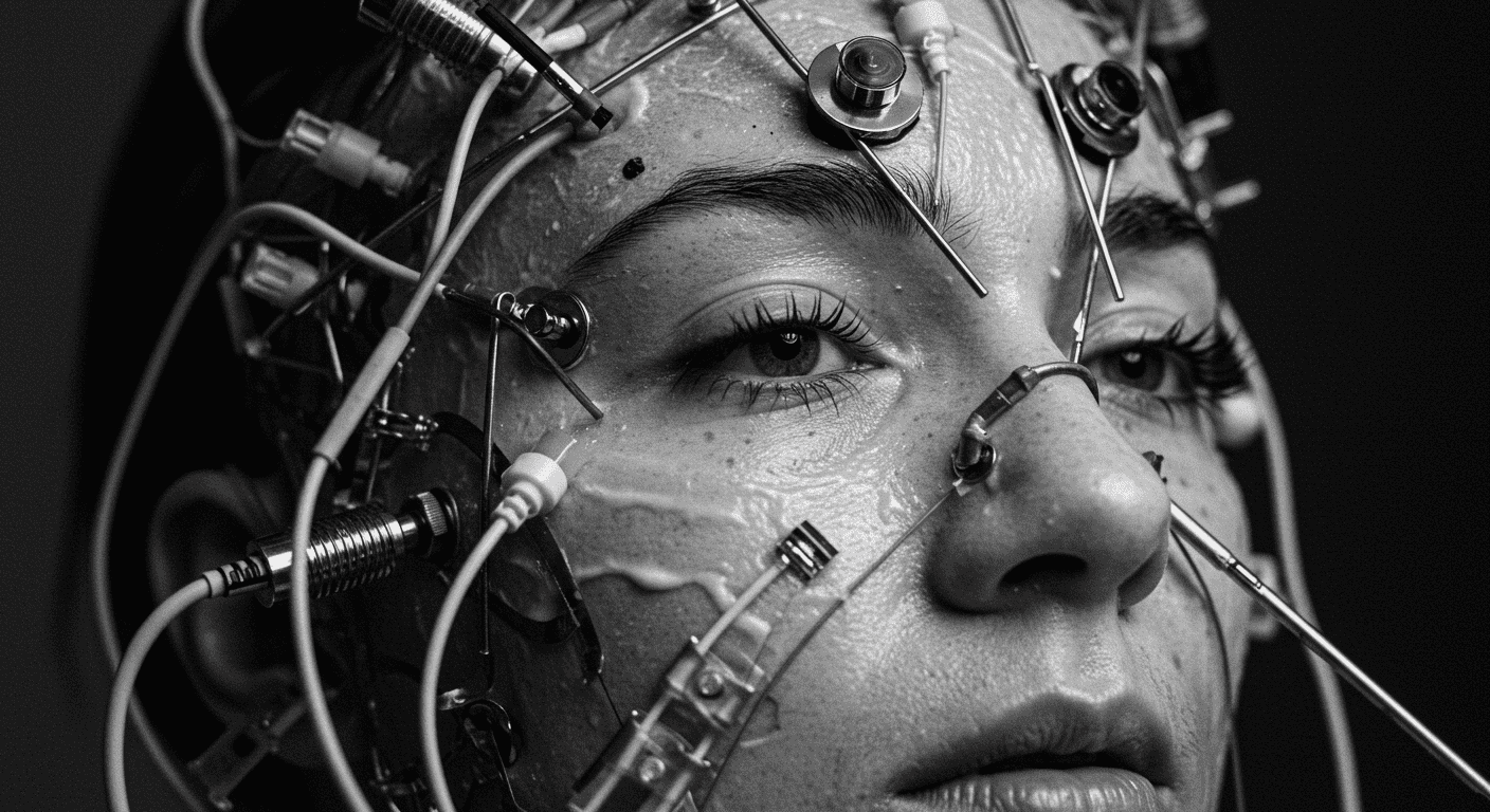 Proyecto MK Ultra: las escalofriantes pruebas secretas de la CIA 3 Imagen en blanco y negro de un rostro cubierto de aparatos médicos. Experimentación científica, procedimientos invasivos, ciencia ficción.