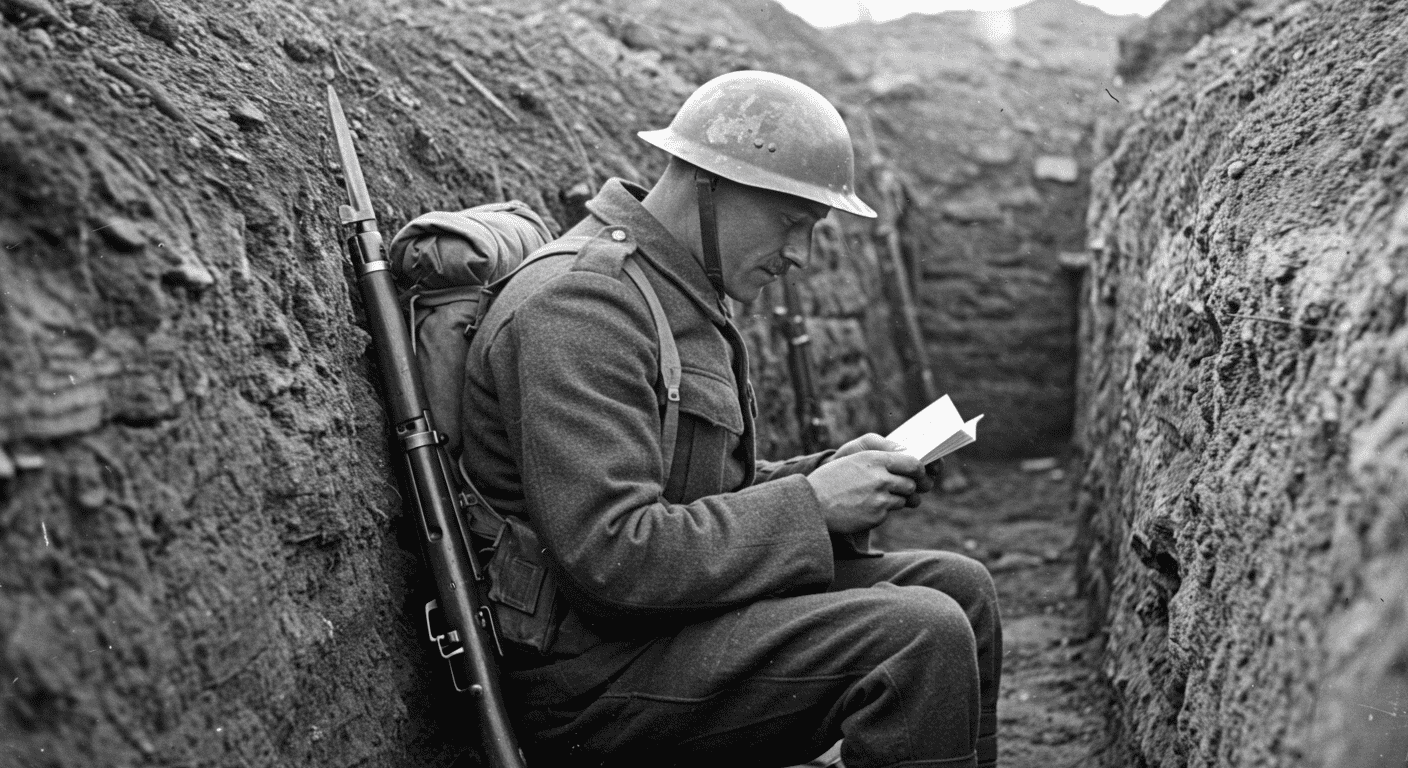 Fotografía en blanco y negro de un soldado leyendo una carta en la trinchera. Imagen histórica de la Primera Guerra Mundial. Accesible para personas con discapacidad visual.