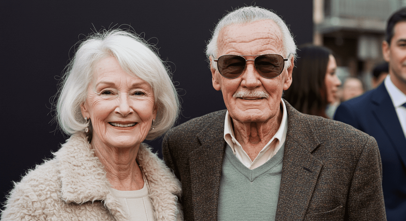 ¿Quién fue Stan Lee? El genio detrás de los superhéroes de Marvel 3 Stan Lee y acompañante en evento. Imagen de Stan Lee posando junto a una mujer en un evento al aire libre. Celebración y reconocimiento.
