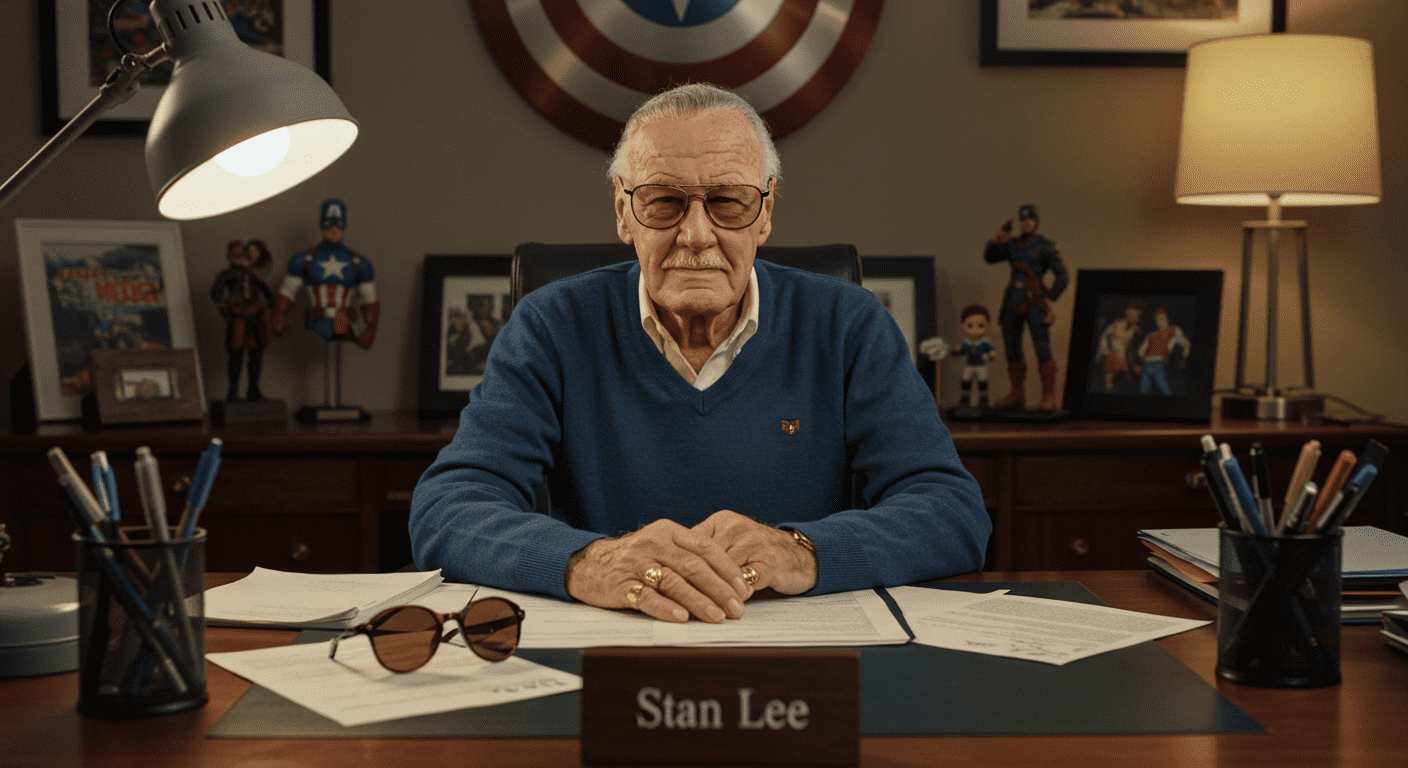 ¿Quién fue Stan Lee? El genio detrás de los superhéroes de Marvel 4 Stan Lee en su escritorio. Imagen de Stan Lee sentado en su escritorio rodeado de objetos personales y un escudo de Capitán América. Entorno de trabajo creativo.