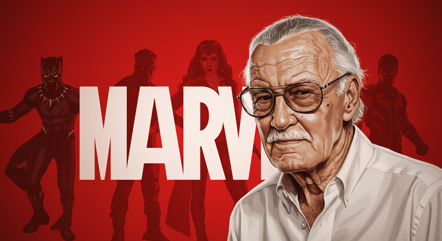 ¿Quién fue Stan Lee? El genio detrás de los superhéroes de Marvel 6 Stan Lee con logo de Marvel. Retrato de Stan Lee superpuesto al logo de Marvel y personajes de superhéroes. Homenaje a un creador de leyenda.
