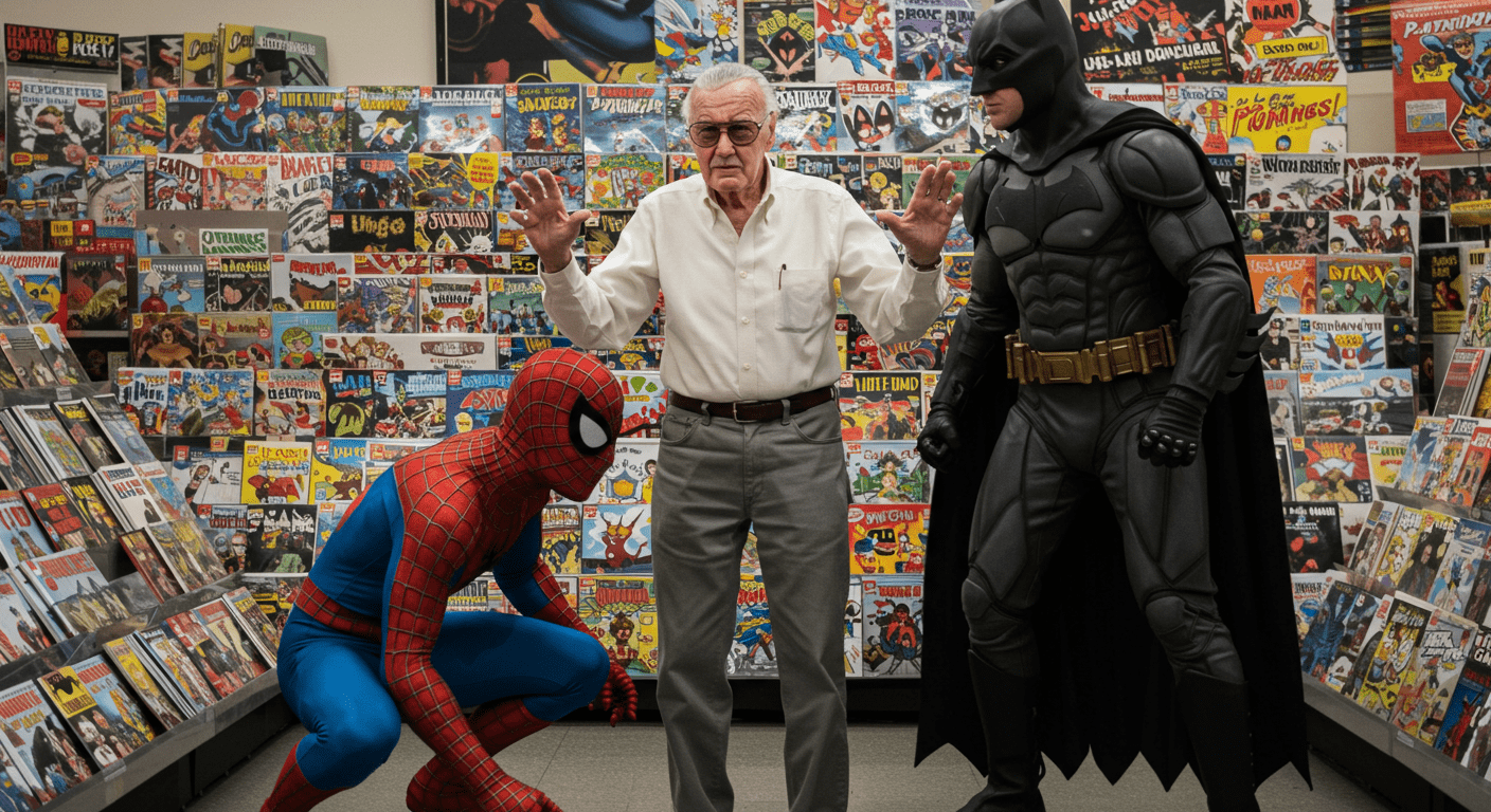 ¿Quién fue Stan Lee? El genio detrás de los superhéroes de Marvel 2 Stan Lee con Spiderman y Batman. Imagen de Stan Lee entre Spiderman y Batman en una tienda de cómics. Encuentro de superhéroes icónicos.