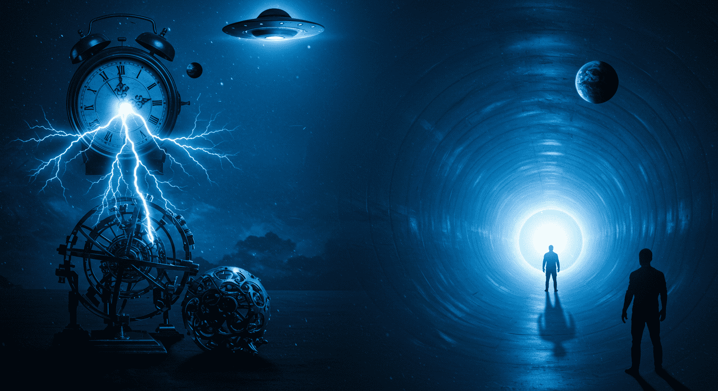 Ilustración digital de ciencia ficción con reloj, figuras sombrías y túnel de luz azul. Imagen conceptual sobre viajes en el tiempo. Accesible para personas con discapacidad visual.